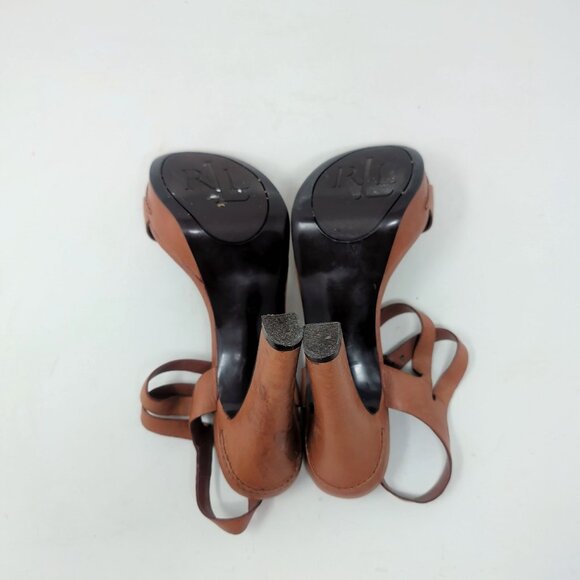 Ralph Lauren Tan Leather Heels 10 Platform Ankle Strap - Picture 11 of 16